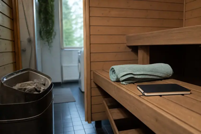Hervantalaisen asunnon sauna, jossa on puupenkki, sähkökiuas, pyyhe ja muistivihko.